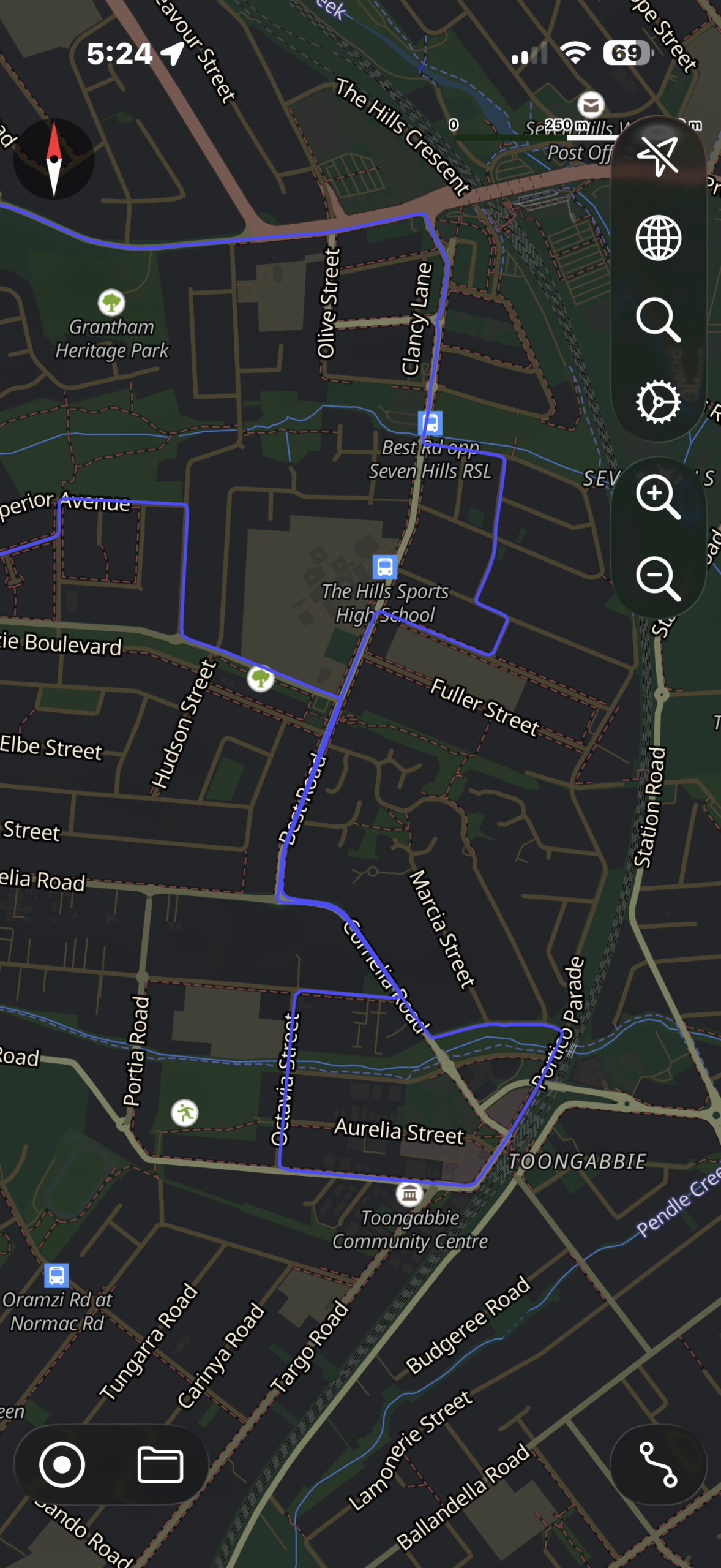 Official Blacktown driving test route map showing the northern departure circuit near St Martins Crescent and Bungarribee Road.