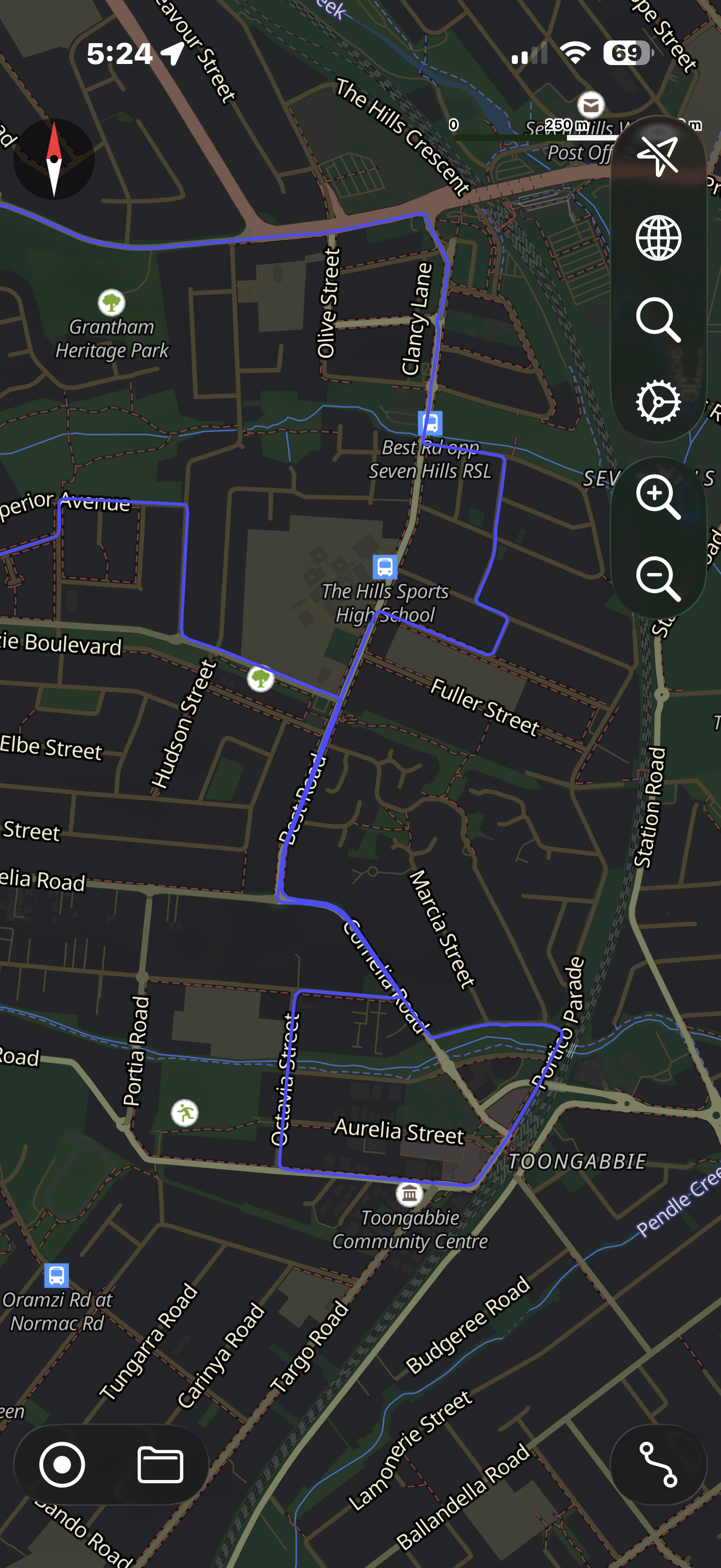 Blacktown Service NSW driving test route map showing the northern departure circuit near Blacktown Mega Centre and Bungarribee Road.