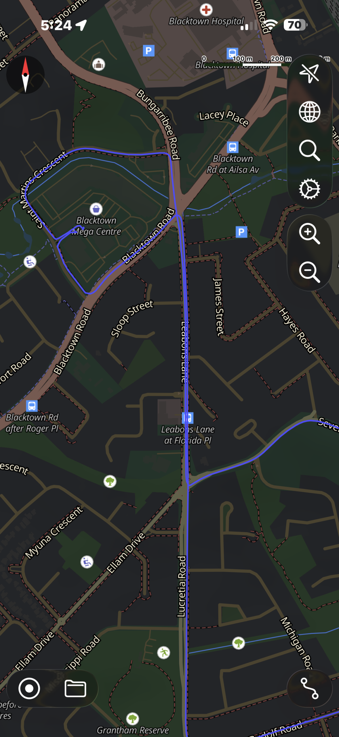Official Blacktown driving test route map outlining the southern loop past Blacktown Road and surrounding suburban connectors.