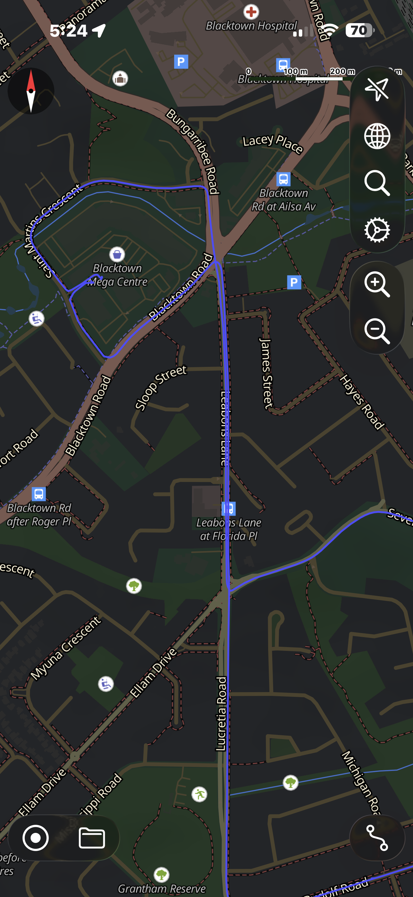 Blacktown RMS driving test route map outlining the southern loop past The Hills Sports High School, Best Road, and Cornelia Road.