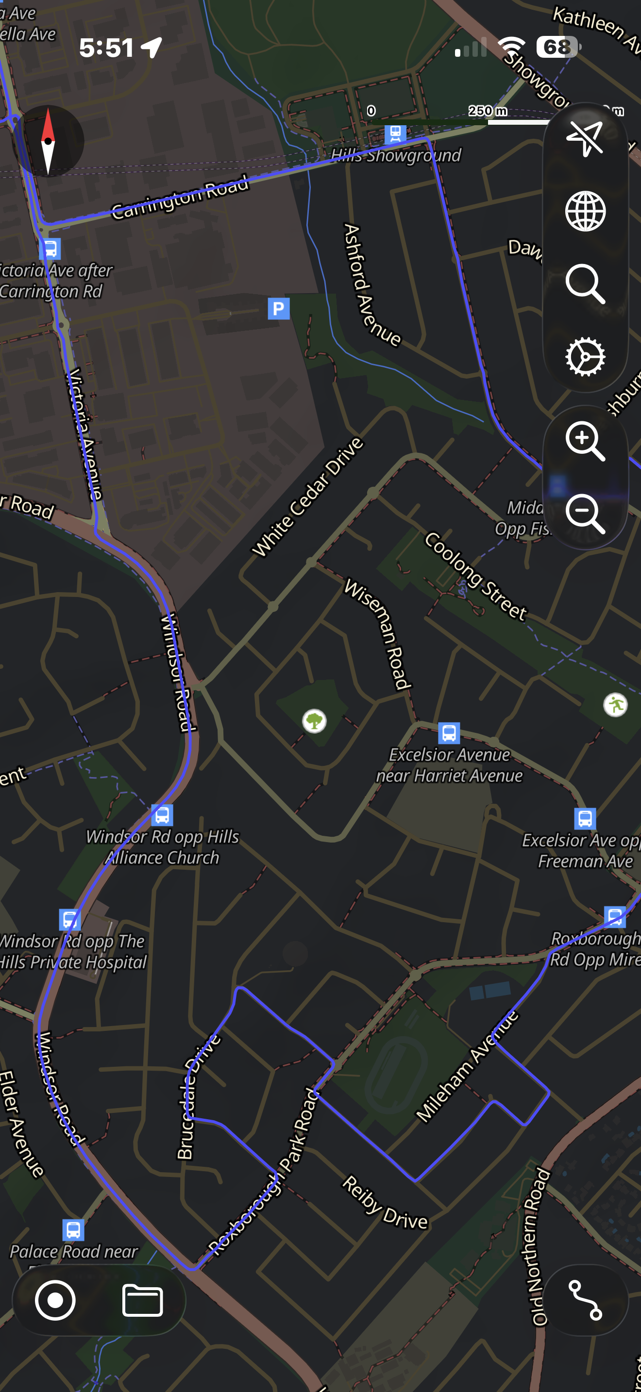 Actual driving test route map for Castle Hill RMS tracking routes across Windsor Road, Carrington Road, and local streets.