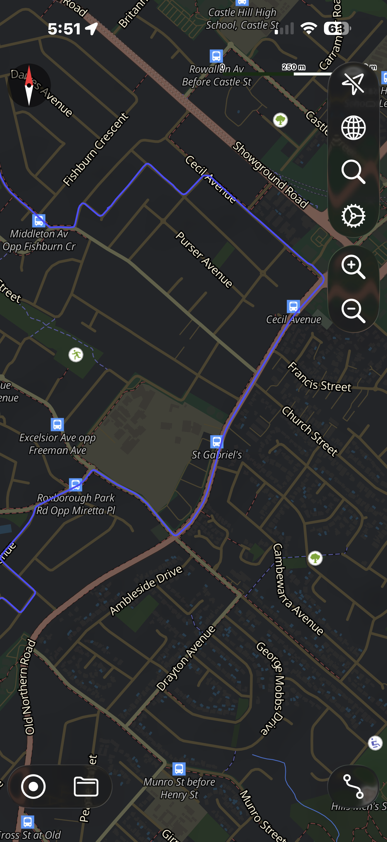 Castle Hill RMS driving test route map showing the southern tracking loop near Cecil Avenue, Excelsior Avenue, and local school zones.