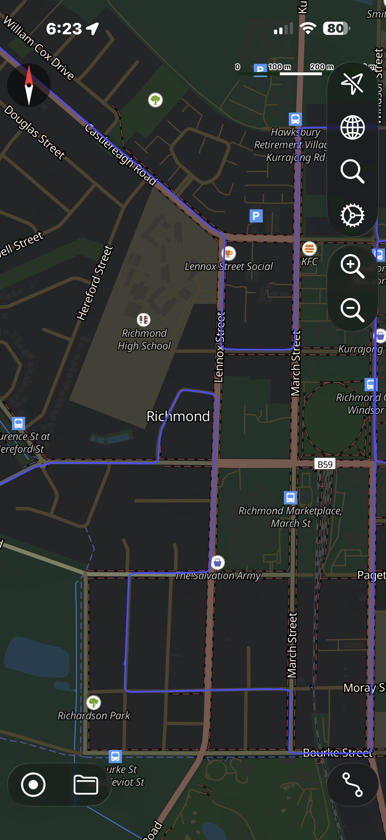 Service NSW route circuit map detailing the southern residential loop across March Street, Moray Street, and Teviot Street.