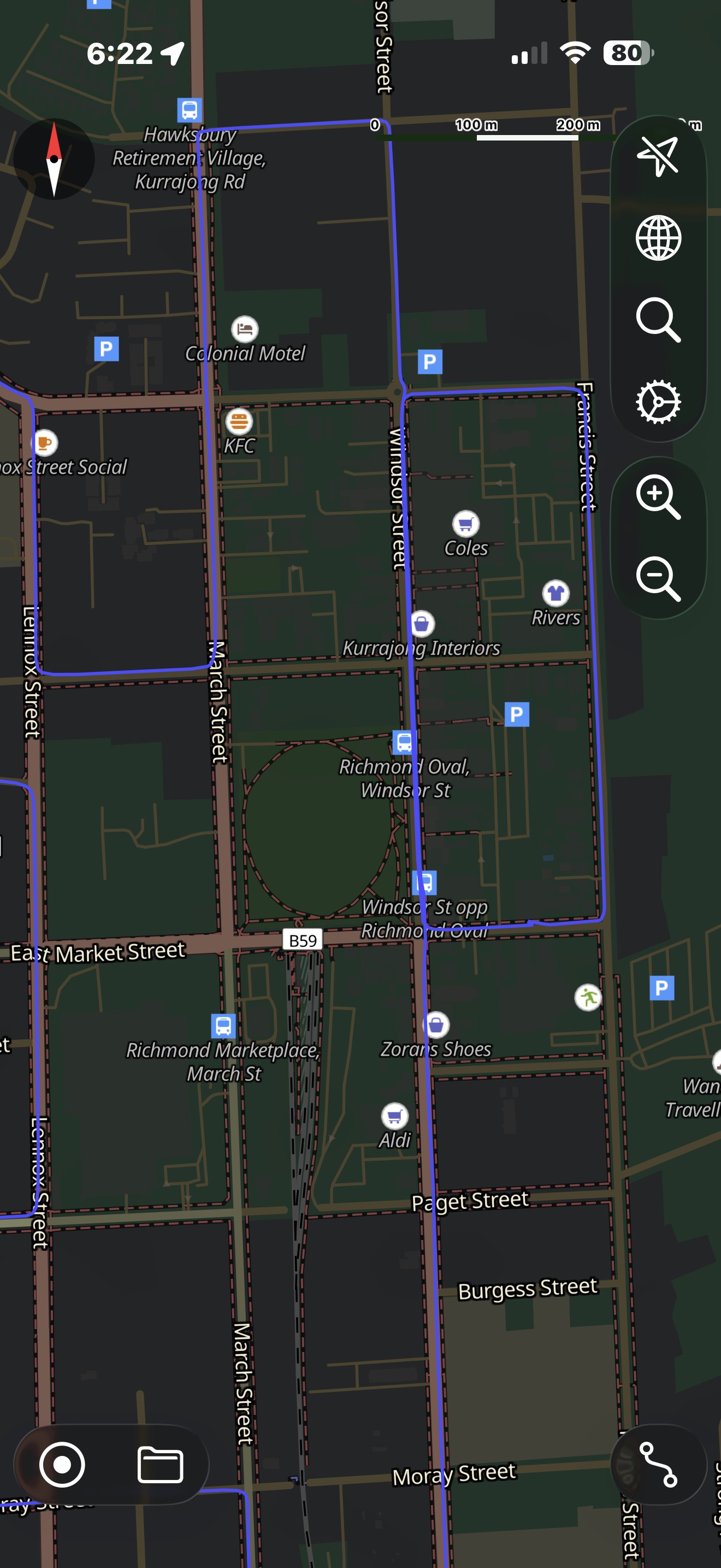 Practical driving test circuit map around Windsor Street, Chapel Street, and the Richmond Oval area.
