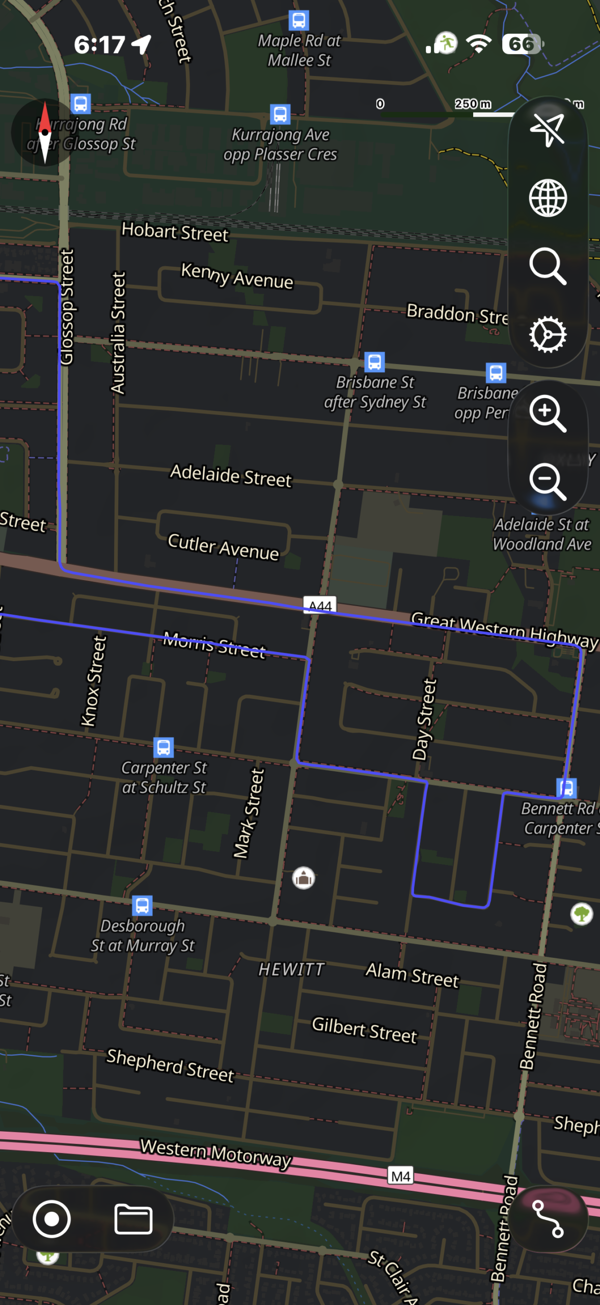 St Marys RMS driving test route map outlining the eastern grid near Great Western Highway, Morris Street, Day Street, and Bennett Road.