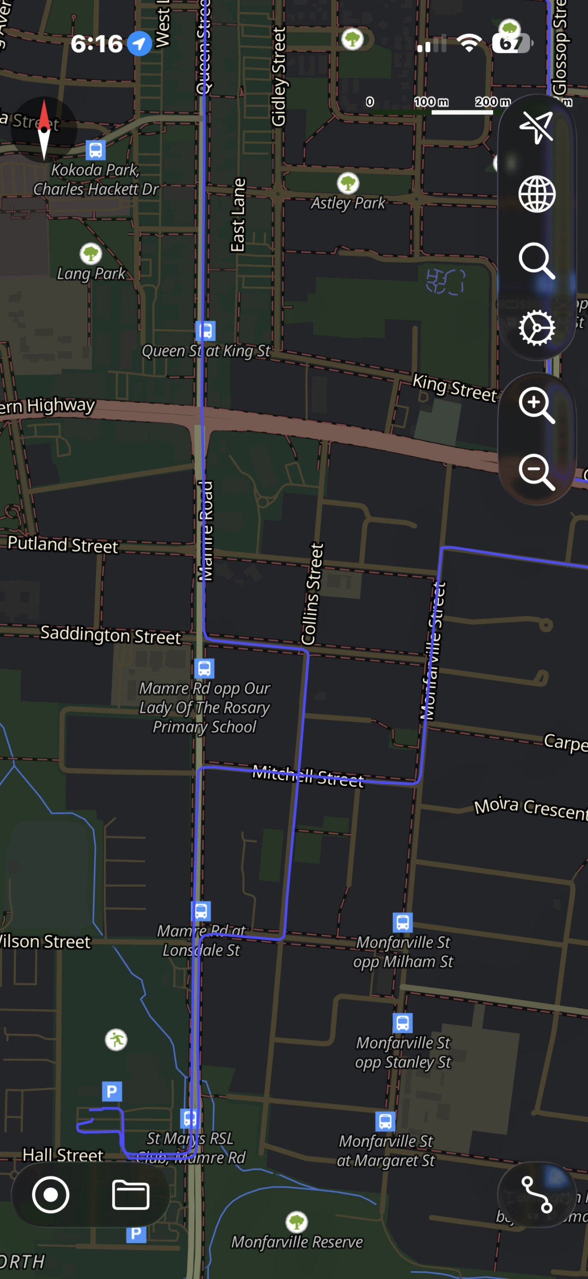 St Marys Service NSW driving test route map showing the southern circuit across Mamre Road, Saddington Street, and Monfarville Street.