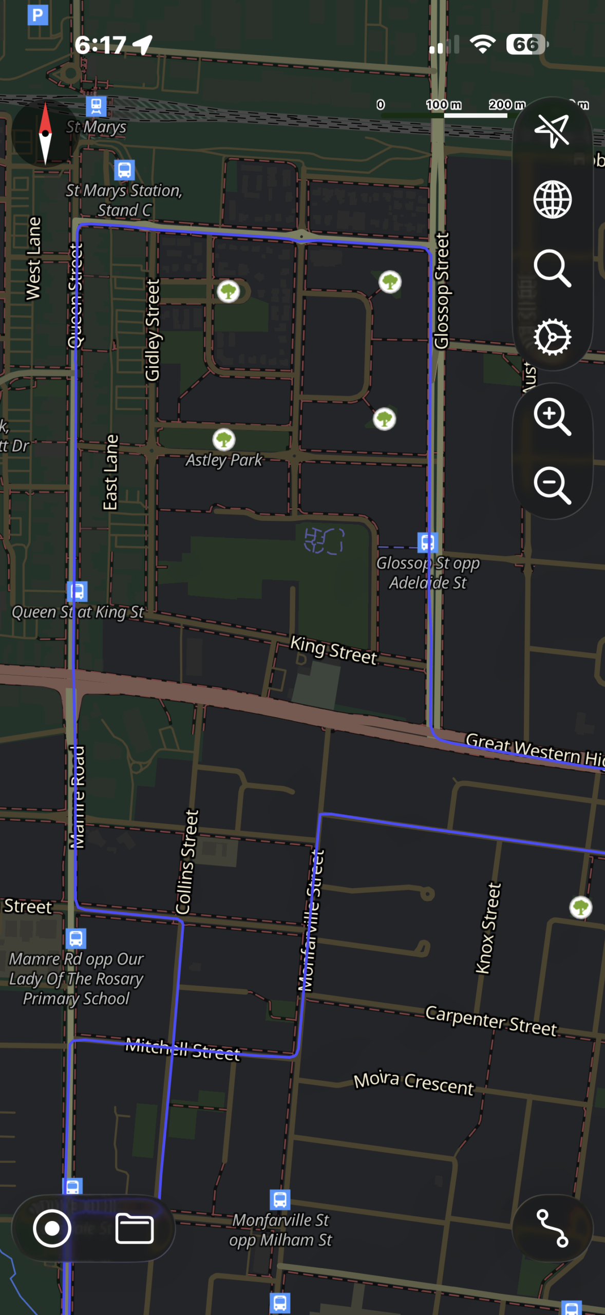 Actual driving test route map for St Marys RMS highlighting northern loops near Queen Street, Glossop Street, and Astley Park.