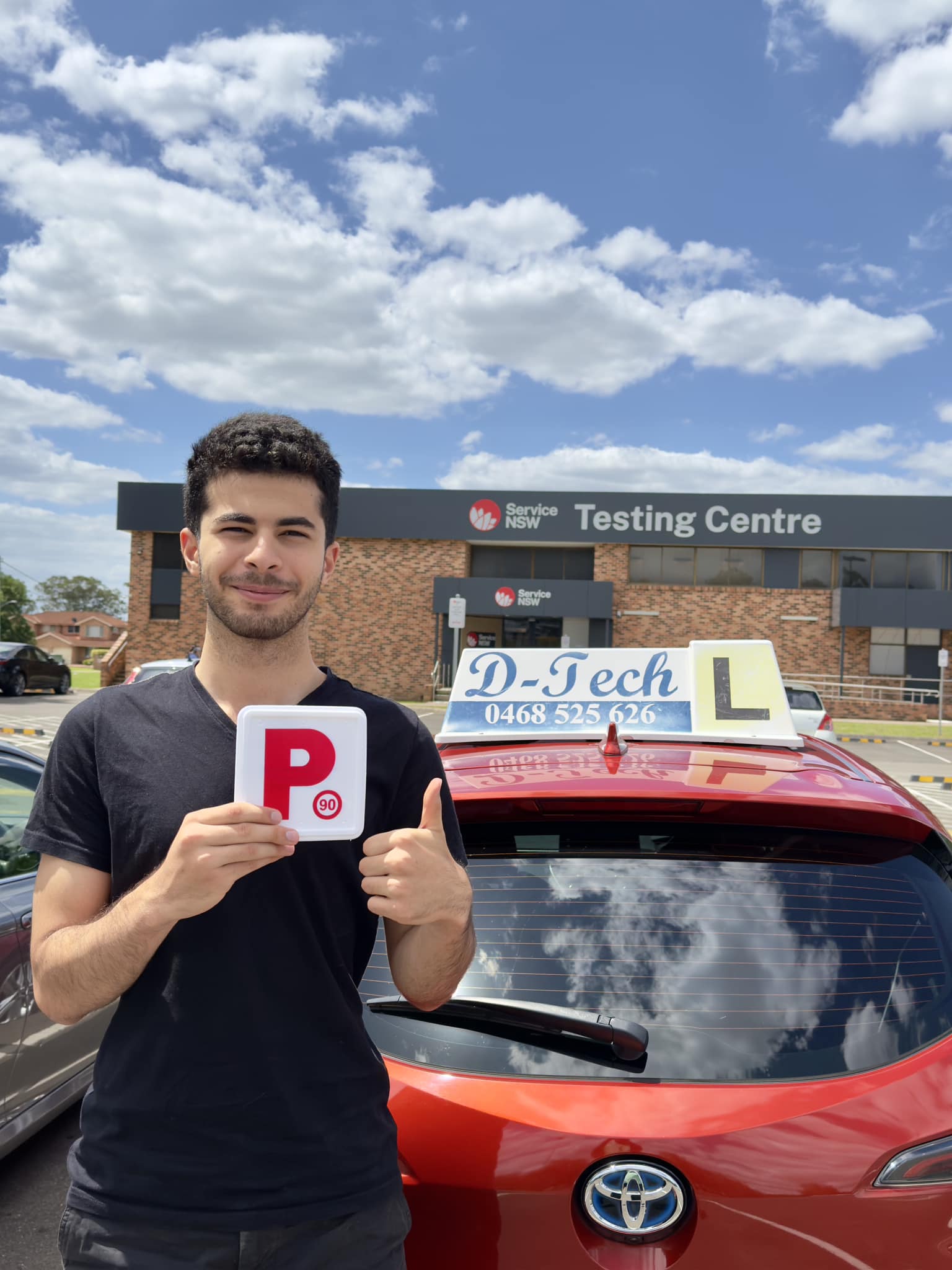 D-Tech Driver Training vehicle parked outside Service NSW St Marys Driver Testing Centre for a practical driving test.