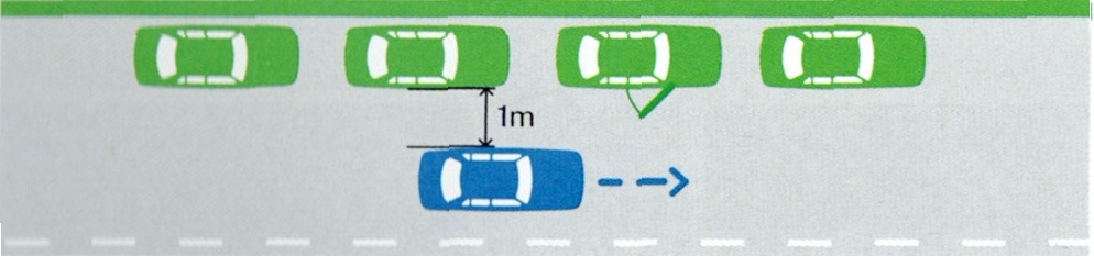 Learner driver diagram showing a car buffering at least 1 metre of clearance from oncoming traffic.