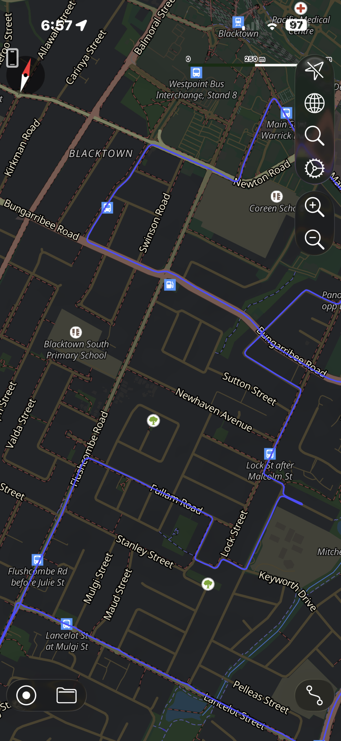 GPS test route map highlighting Bungarribee Road, Swinson Road, Fullam Road, and Flushcombe Road near Blacktown South Primary School.