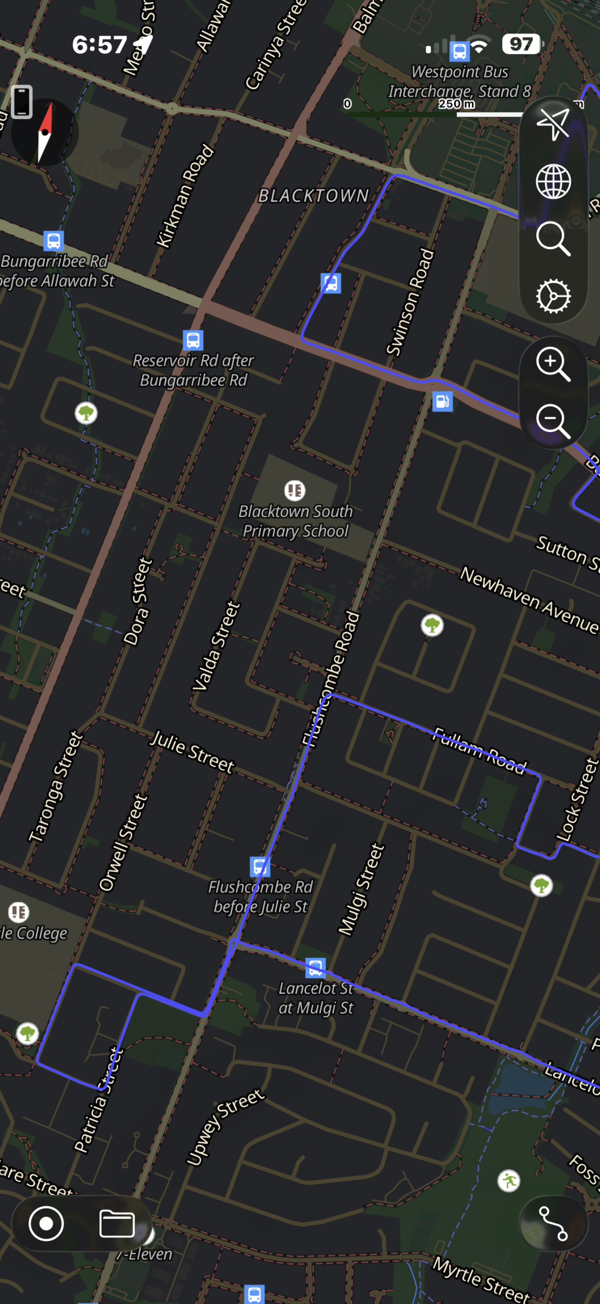 Detailed driving test route map showing Flushcombe Road, Patricia Street, Orwell Street, and Lancelot Street in Blacktown.