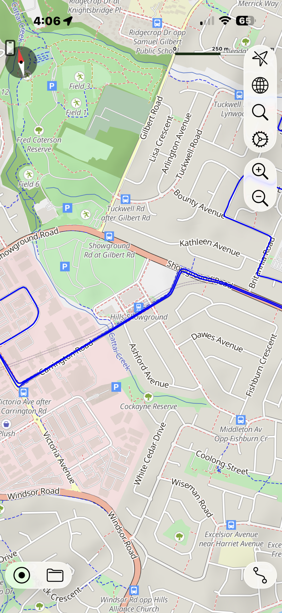 Driving test route map highlighting Carrington Road, Castle Hill BMW, Hills Showground Metro Station, and Showground Road.