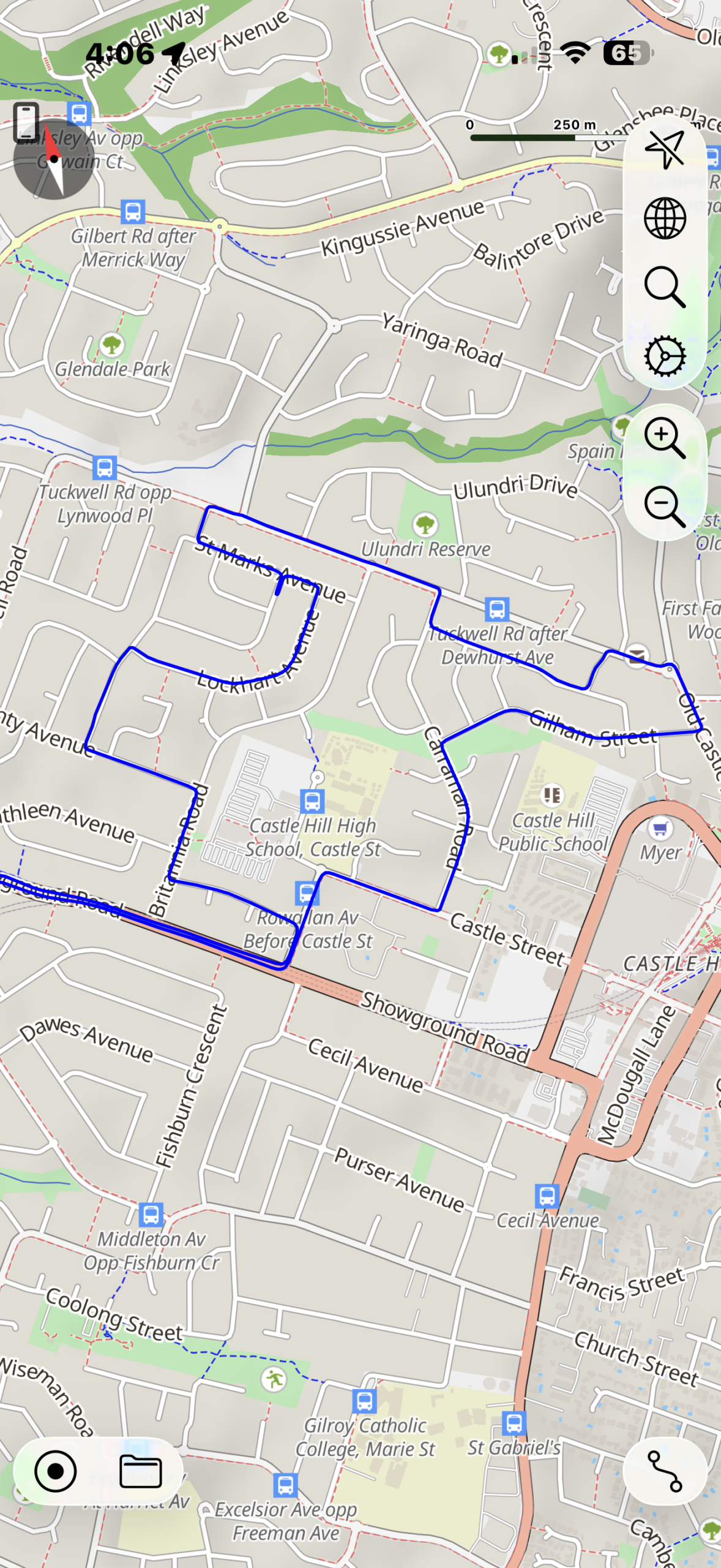 Castle Hill driving test route map detailing the Britannia Road residential loop, three-point turn on Nottingham Avenue, Tuckwell Road, Gilham Street, and school zones.