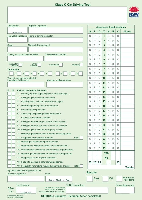 Official NSW Class C Car Driving Test assessment score sheet form and marking guide.