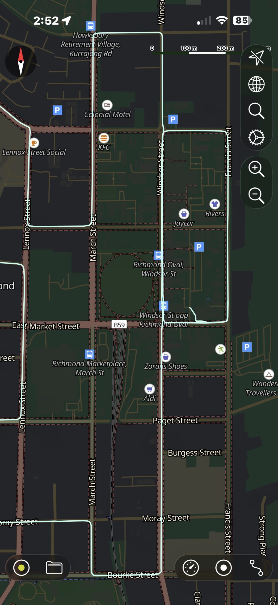Richmond Service NSW driving test route overview map highlighting commercial and main road testing paths.