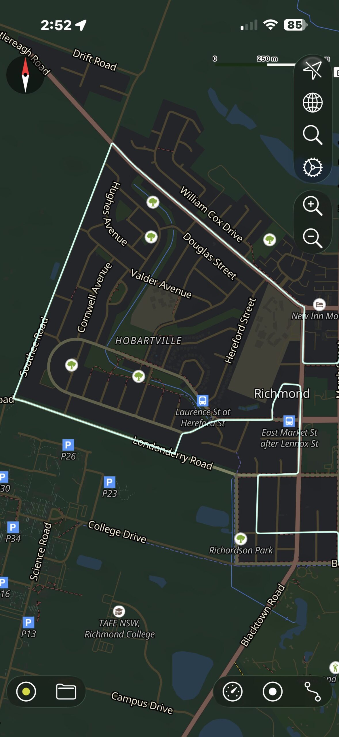 Richmond Service NSW driving test route map covering Hobartville residential loops and Londonderry Road.