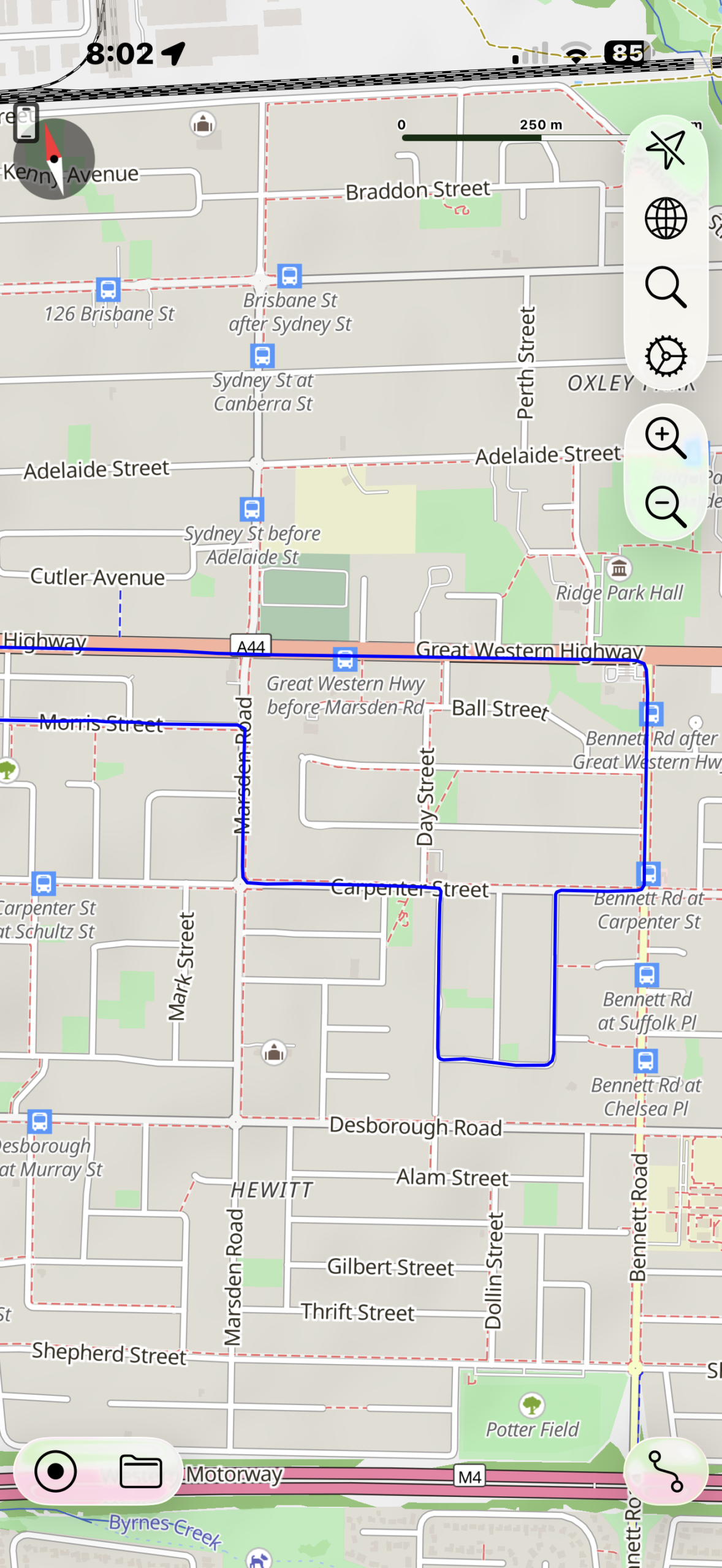 St Marys driving test map highlighting Morris Street, Marsden Road, and the Great Western Highway to Glossop Street turn.