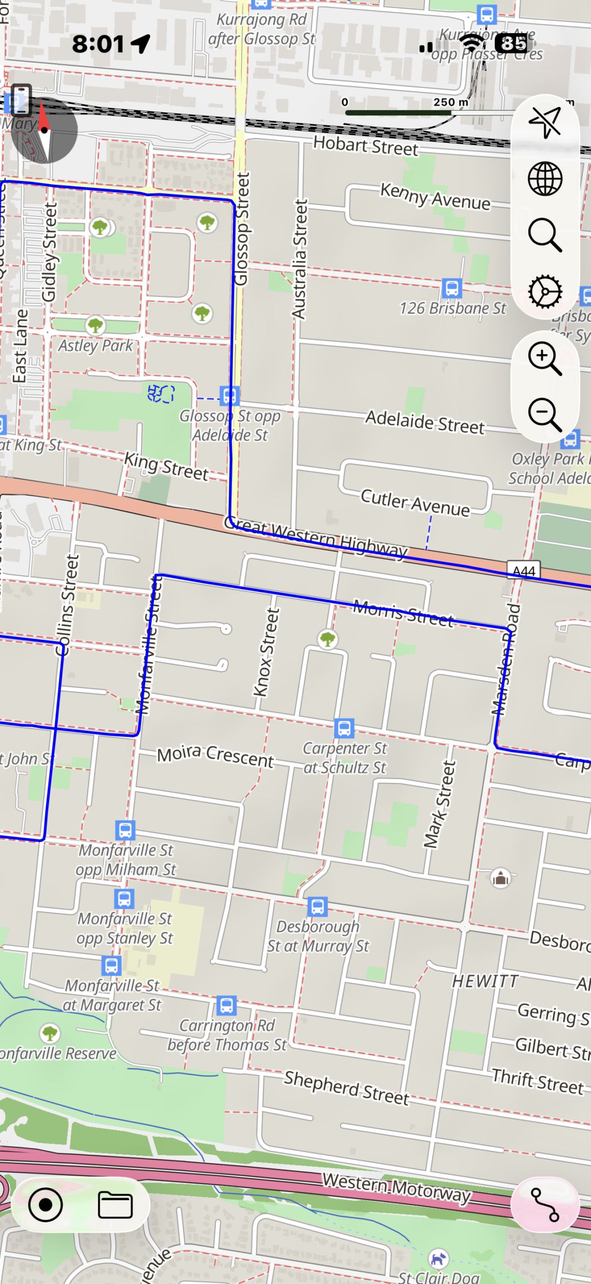 Route map of the St Marys residential manoeuvre loop via Parkin Road, Leonard Street, and Bennett Road traffic lights.