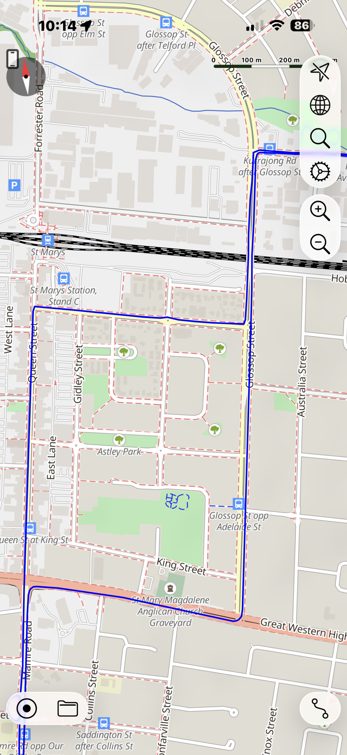 Route map showing the connection from Great Western Highway along Glossop Street into Kurrajong Road and Station Precinct.