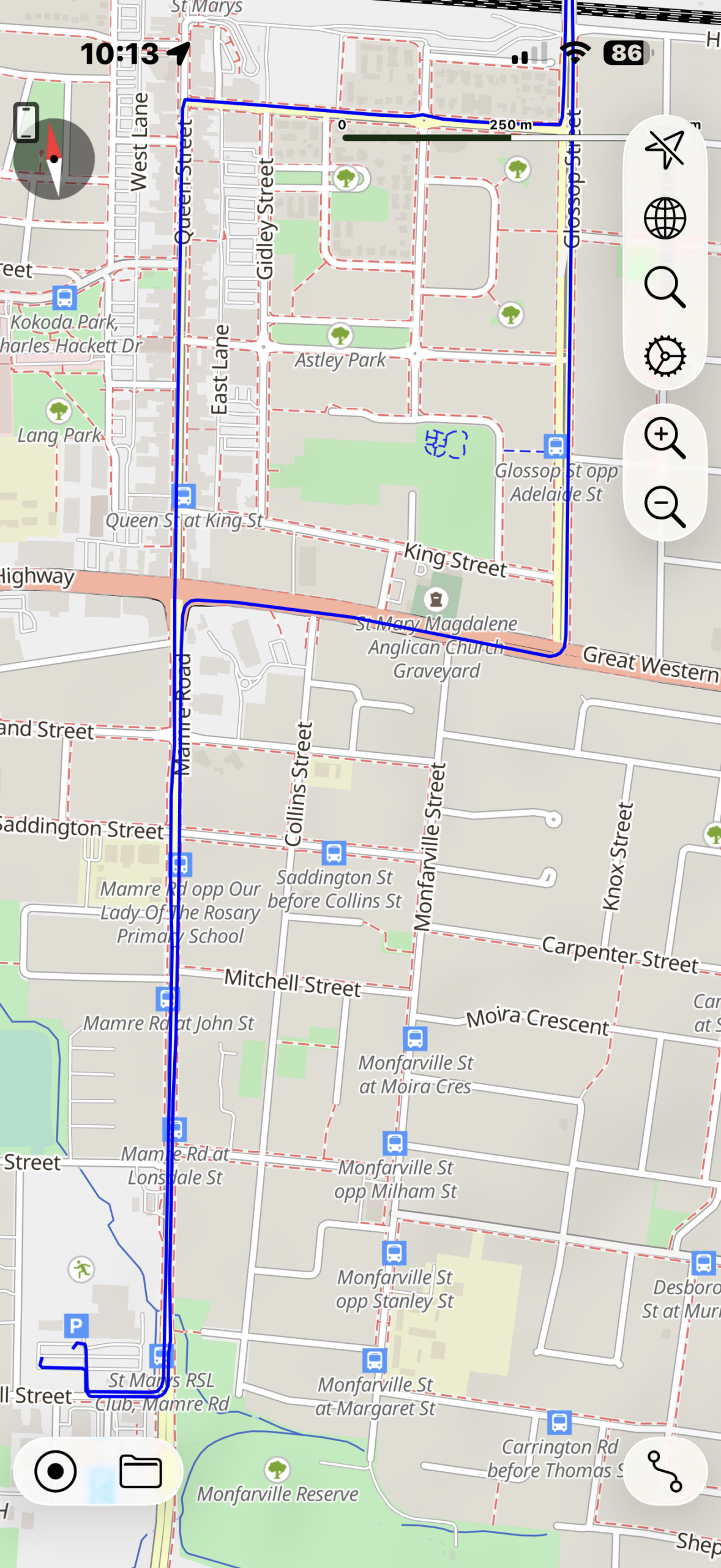 Map showing the direct north-south test route corridor along Mamre Road and Queen Street from Service NSW.