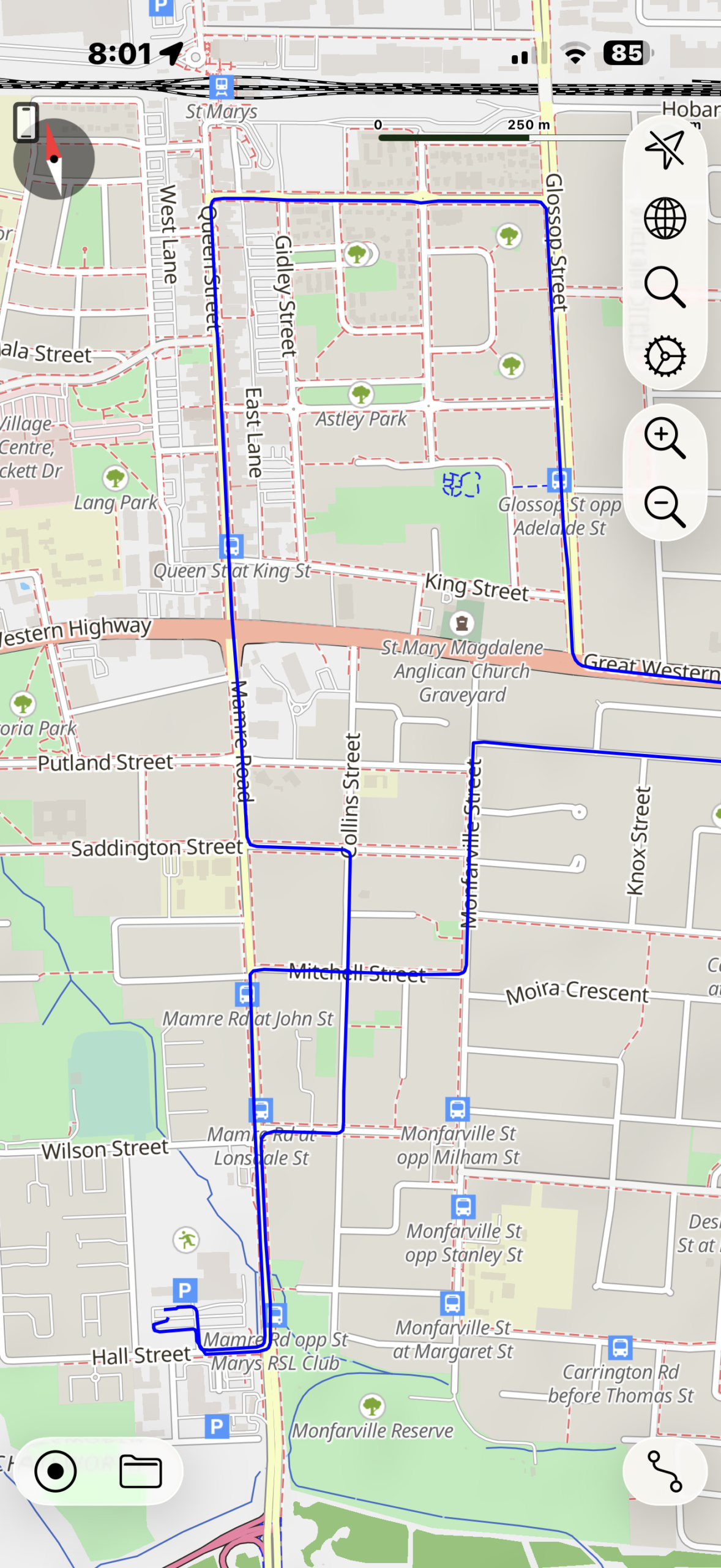 St Marys Service NSW driving test route map showing the route from Mamre Road through Queen Street and Bennett Road.