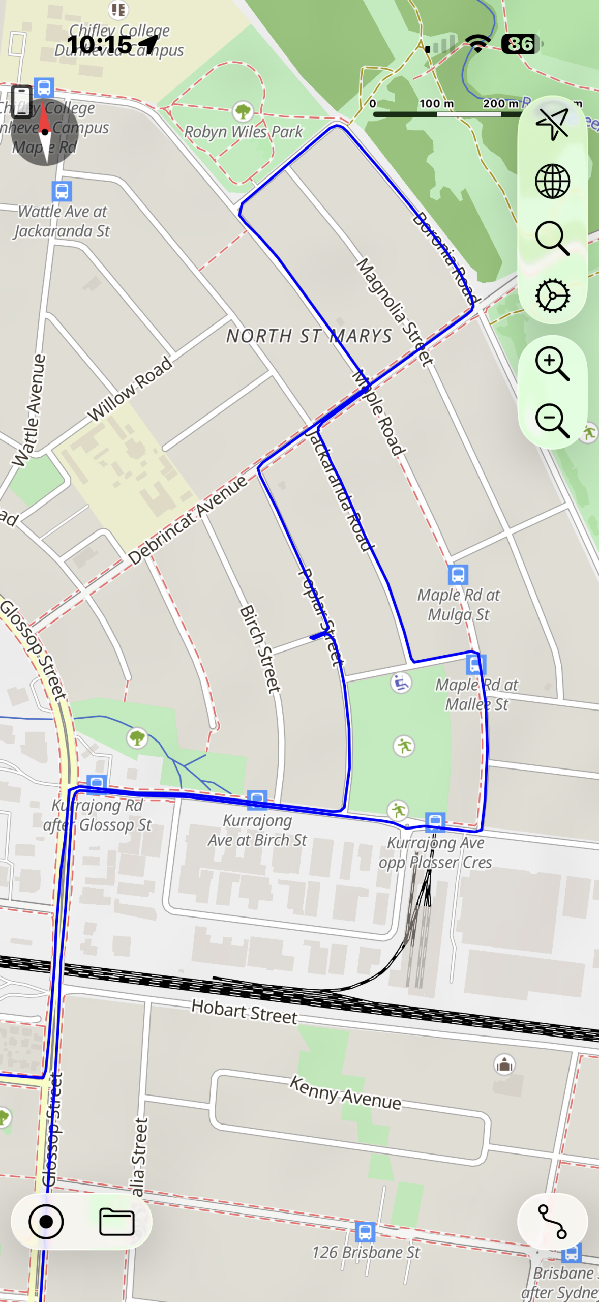 St Marys driving test route map showing Kurrajong Road, Poplar Street, Debrincat Avenue, and Boronia Road in North St Marys.